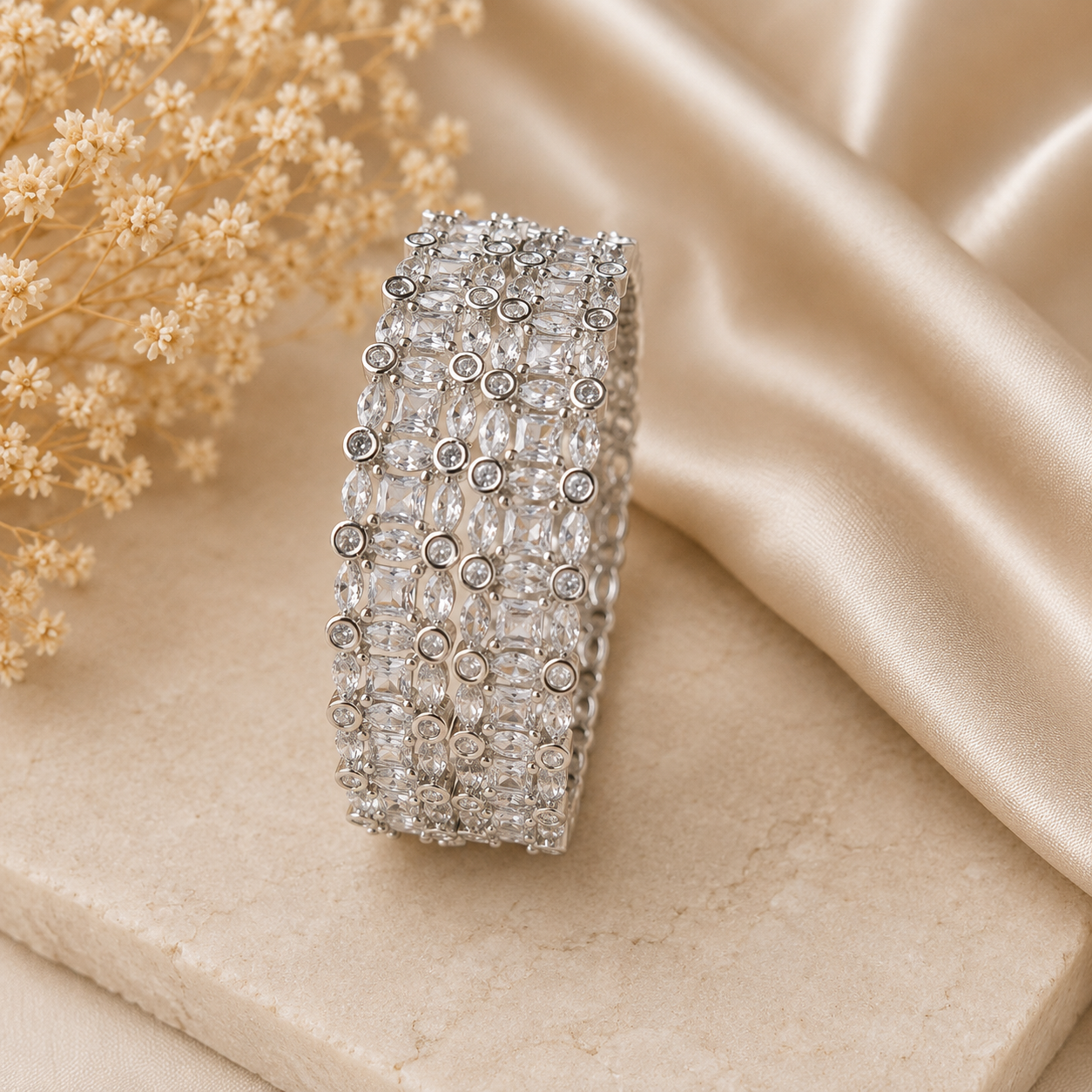 Set of 2 American Diamond Statement Bangles with Multi-Row Crystal Design for Women | The Mirage Fashion