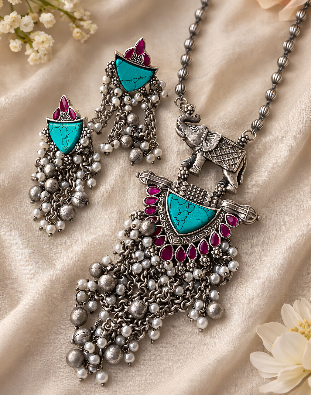 Oxidized silver elephant necklace and earrings set with turquoise and pink stones