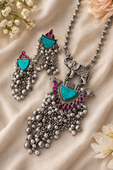 Oxidized Elephant Necklace Set with Turquoise Stone & Pearl Tassels | The Mirage Fashion