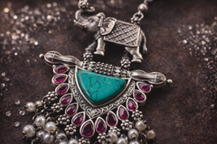 Oxidized Elephant Necklace Set with Turquoise Stone & Pearl Tassels | The Mirage Fashion