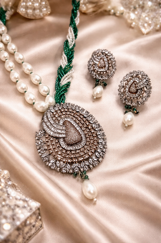 Traditional Pearl & Emerald Beaded Pendant Necklace Set for Women | Antique Ethnic Statement Jewelry – The Mirage Fashion