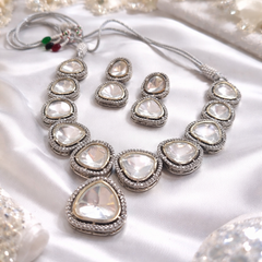Elegant Kundan Necklace Set for Women | Silver Polish Crystal Statement Jewelry | The Mirage Fashion