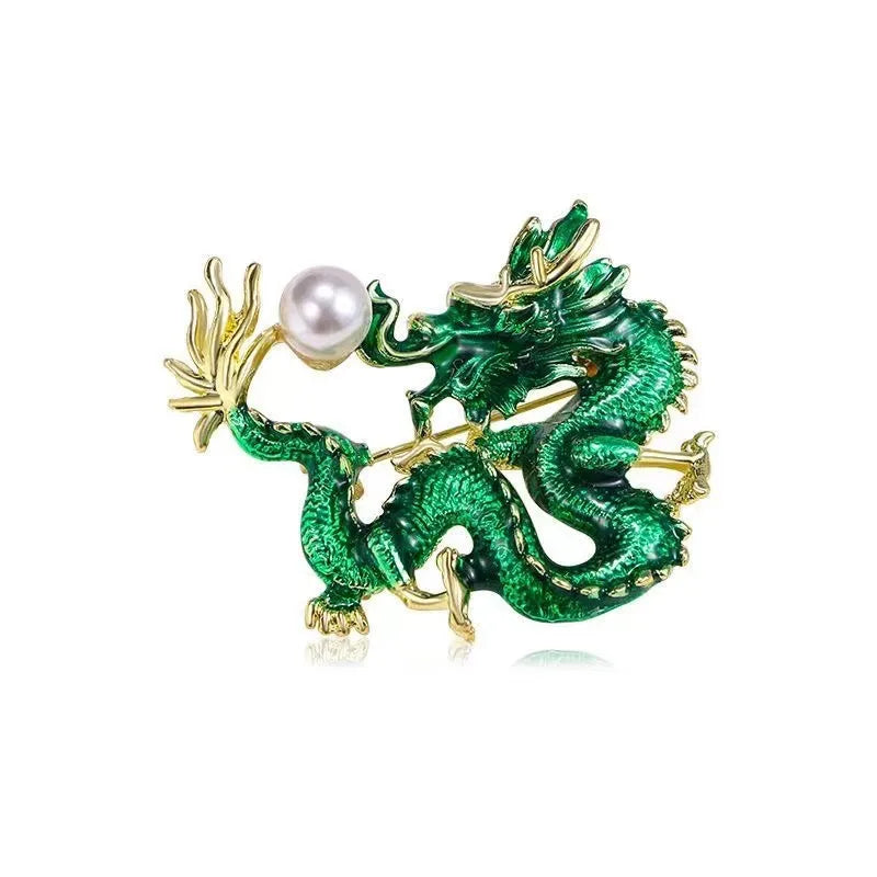 Emerald Green Dragon Brooch with Pearl – Luxury Enamel Dragon Pin Symbol of Power & Prosperity