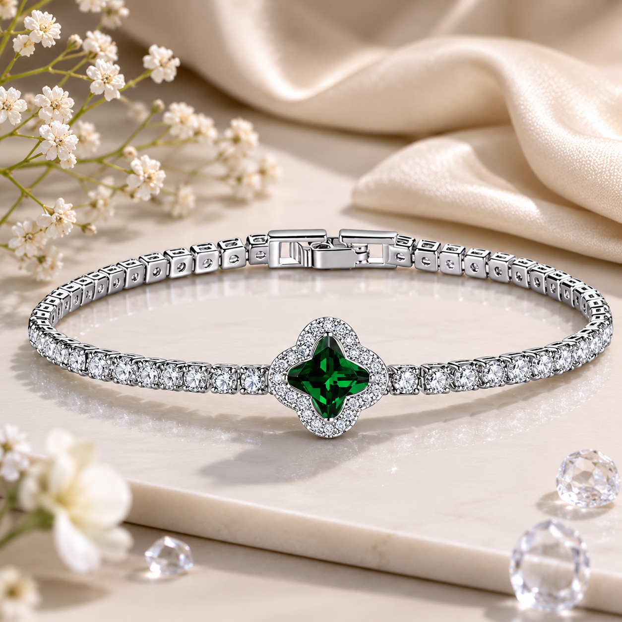 Silver bracelet with a green gemstone on a light fabric background with flowers.