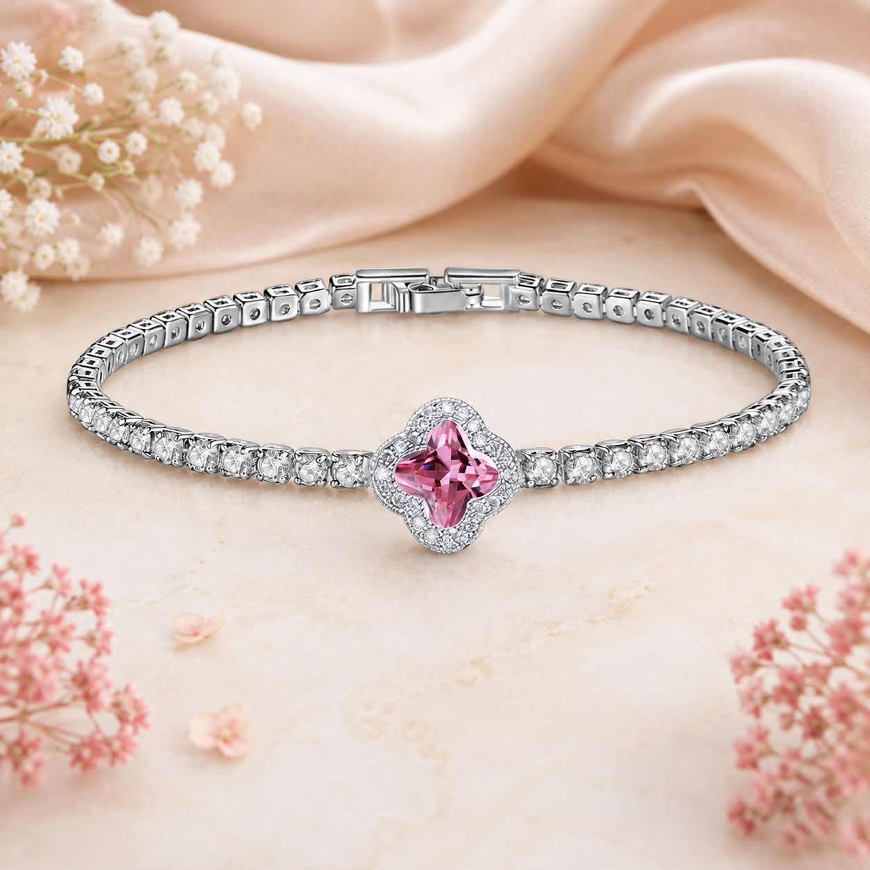 Clover Crystal Tennis Bracelet for Women  Adjustable Charm Bracelet  The Mirage Fashion Pink