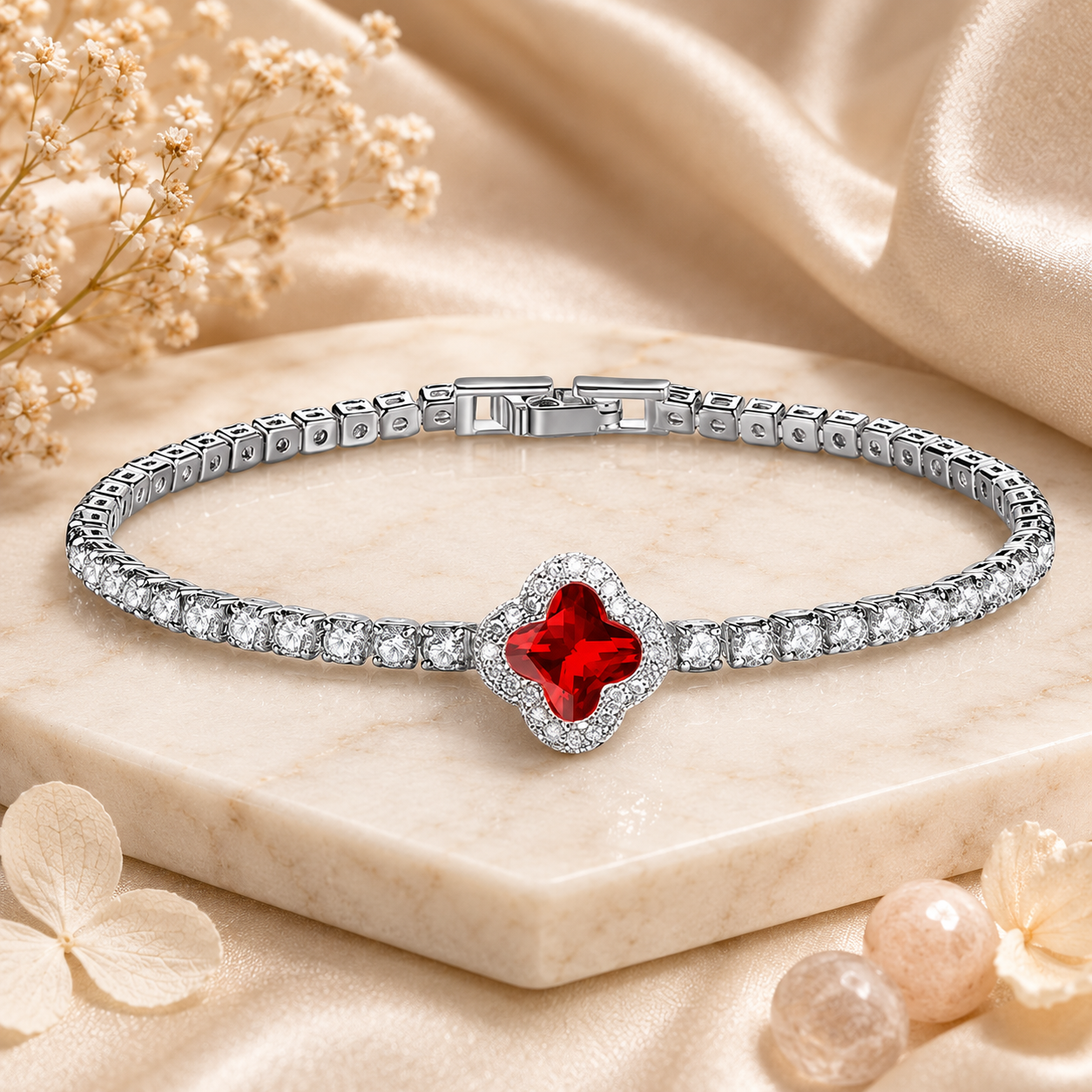 Clover Crystal Tennis Bracelet for Women  Adjustable Charm Bracelet  The Mirage Fashion red