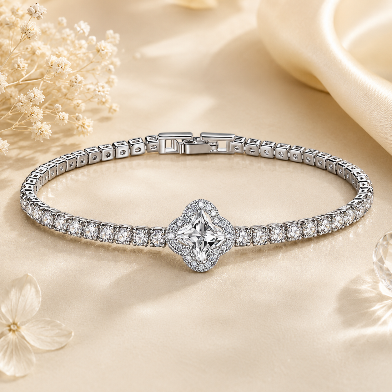 Silver bracelet with a diamond clasp on a beige background