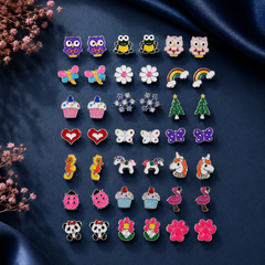Colourful kids stud earrings set featuring cute cartoon designs