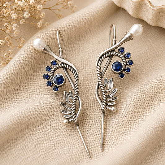 Designer Silver Ear Cuff Earrings for Women – Floral Vine Ear Climbers with Blue & Pink Stones  Statement Ear Wrap Jewelry  The Mirage Fashion