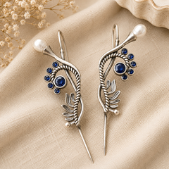 Designer Silver Ear Cuff Earrings for Women – Floral Vine Ear Climbers with Blue & Pink Stones  Statement Ear Wrap Jewelry  The Mirage Fashion