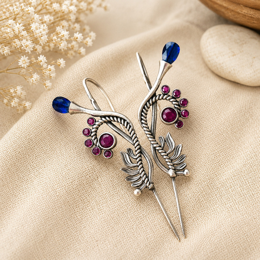 Designer Silver Ear Cuff Earrings for Women – Floral Vine Ear Climbers with Blue & Pink Stones | Statement Ear Wrap Jewelry | The Mirage Fashion