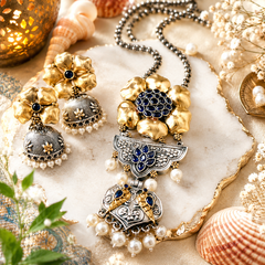 Dual Tone Blue Stone Floral Pendant Set with Jhumka Earrings for Women | The Mirage Fashion