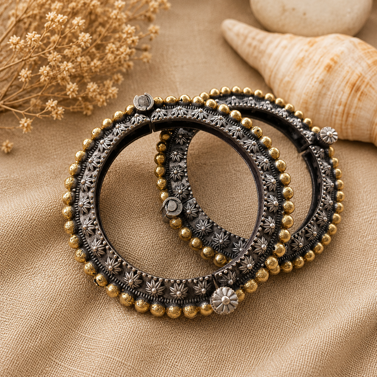 Dual Tone Floral Oxidized Kada Bangles with Gold Bead Detailing for Women | The Mirage Fashio
