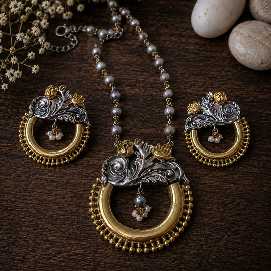 Dual tone gold and silver floral statement pendant set with matching earrings and beaded necklace for ethnic and festive wear by The Mirage Fashion