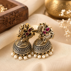 Ornate gold and pearl earrings Dual Tone Ruby Red Stone Pendant Necklace Set with Matching Jhumka Earrings for Women | The Mirage Fashion