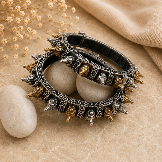 Dual Tone Tribal Oxidized Kada Bangles for Women Statement Ethnic Bracelet Pair | The Mirage Fashion