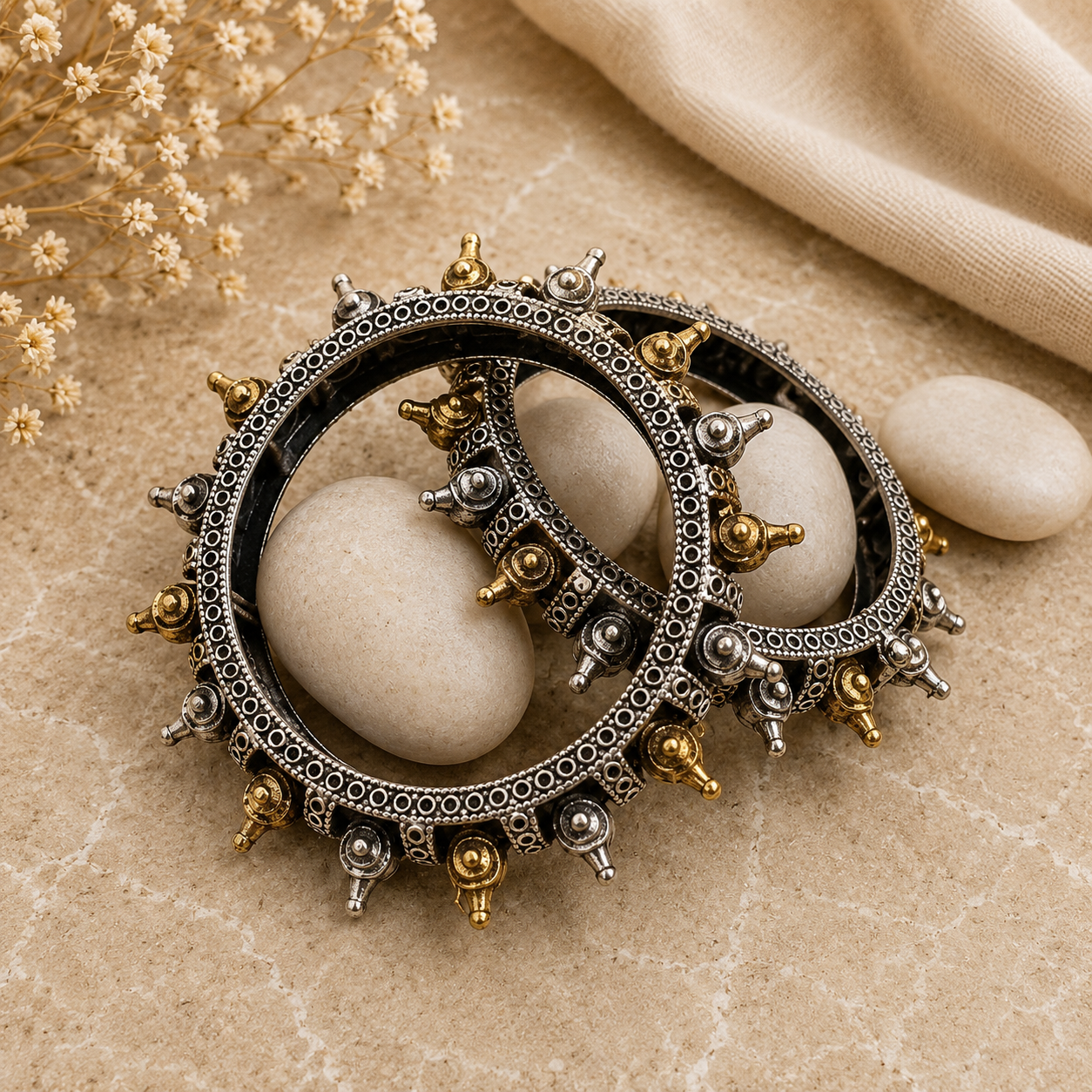 Dual Tone Tribal Oxidized Kada Bangles for Women Statement Ethnic Bracelet Pair | The Mirage Fashion