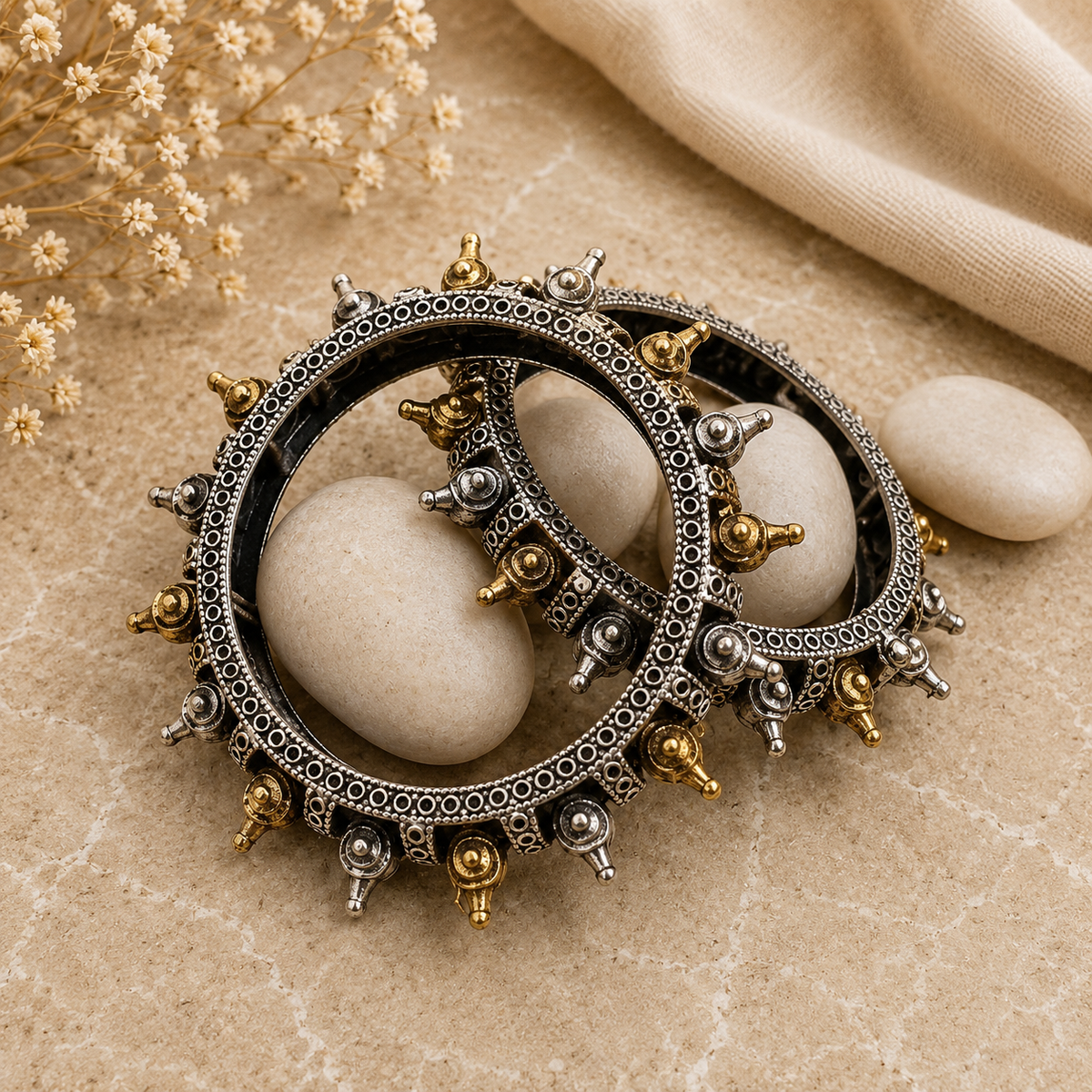 Dual Tone Tribal Oxidized Kada Bangles for Women Statement Ethnic Bracelet Pair | The Mirage Fashion