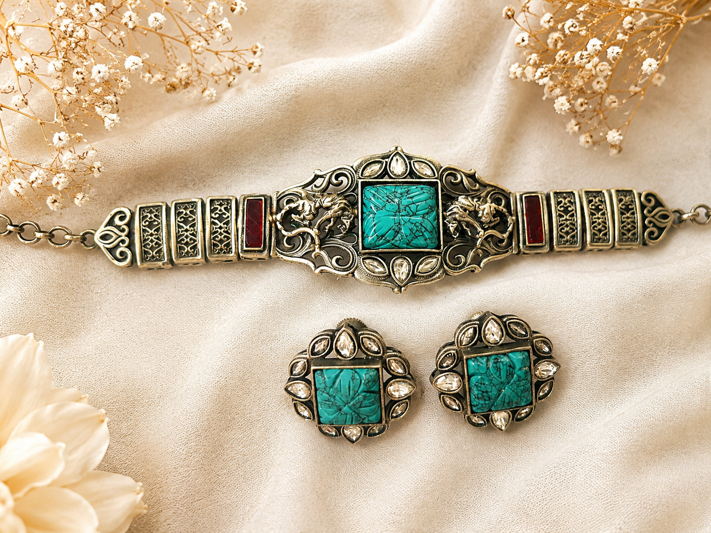 Dual Tone Turquoise Stone Choker Necklace Set with Matching Stud Earrings for Women | The Mirage Fashion
