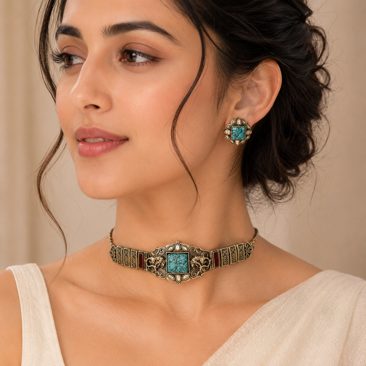 Dual Tone Turquoise Stone Choker Necklace Set with Matching Stud Earrings for Women | The Mirage Fashion