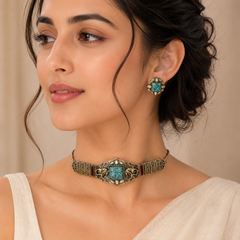 Dual Tone Turquoise Stone Choker Necklace Set with Matching Stud Earrings for Women | The Mirage Fashion