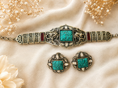 Dual Tone Turquoise Stone Choker Necklace Set with Matching Stud Earrings for Women | The Mirage Fashion