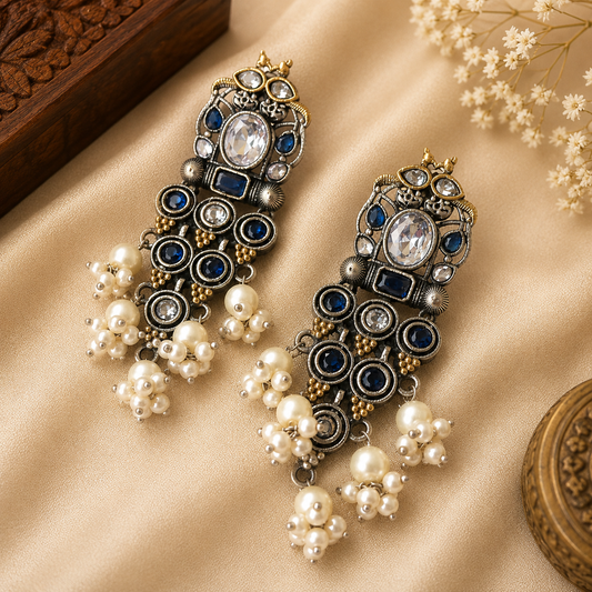 Dual Tone Blue Stone Statement Pendant Necklace Set with Matching Pearl Drop Earrings for Women | The Mirage Fashion 