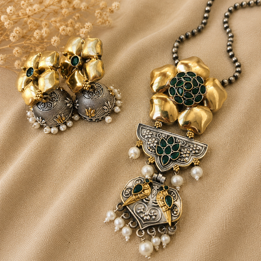 Dual Tone Green Stone Floral Pendant Set with Jhumka Earrings for Women  The Mirage Fashion