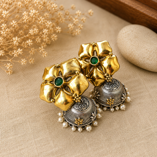 Dual Tone Green Stone Floral Pendant Set with Jhumka Earrings for Women  The Mirage Fashion