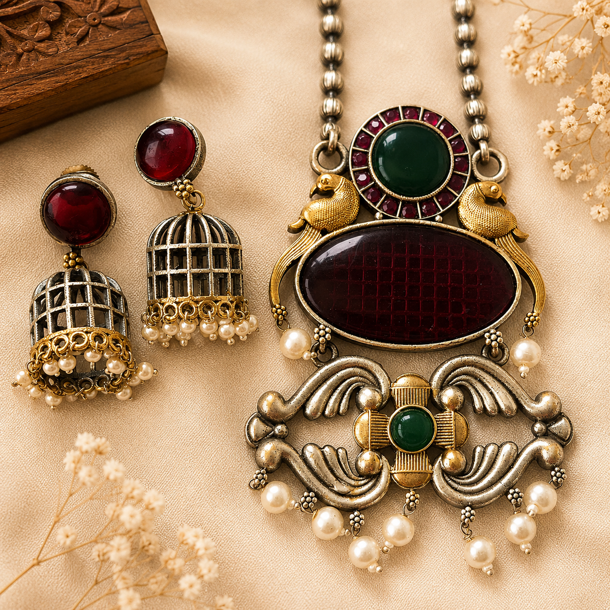 Dual Tone Ruby Red and Emerald Green Stone Pendant Set with Matching Jhumka Earrings for Women | The Mirage Fashion