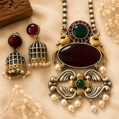Dual Tone Ruby Red and Emerald Green Stone Pendant Set with Matching Jhumka Earrings for Women | The Mirage Fashion