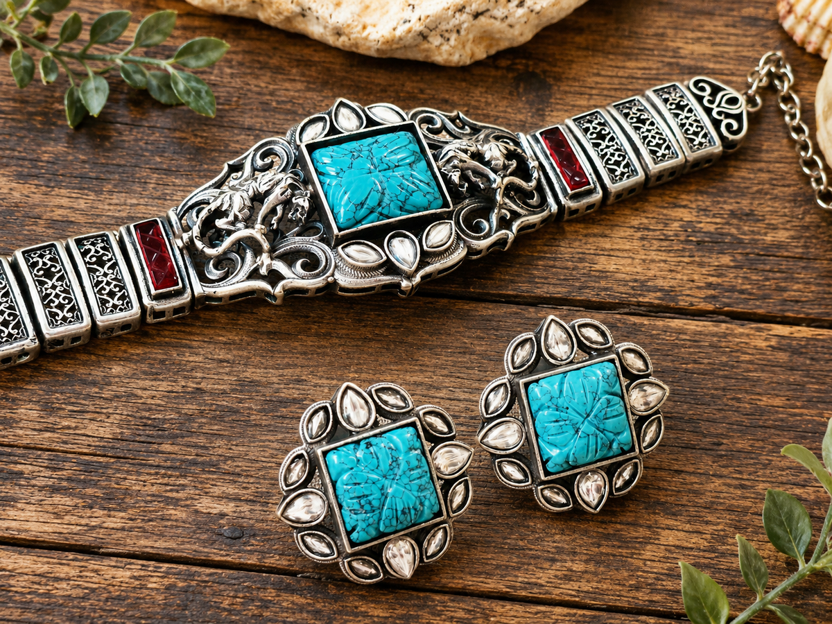 Dual Tone Turquoise Stone Choker Necklace Set with Matching Stud Earrings for Women | The Mirage Fashion