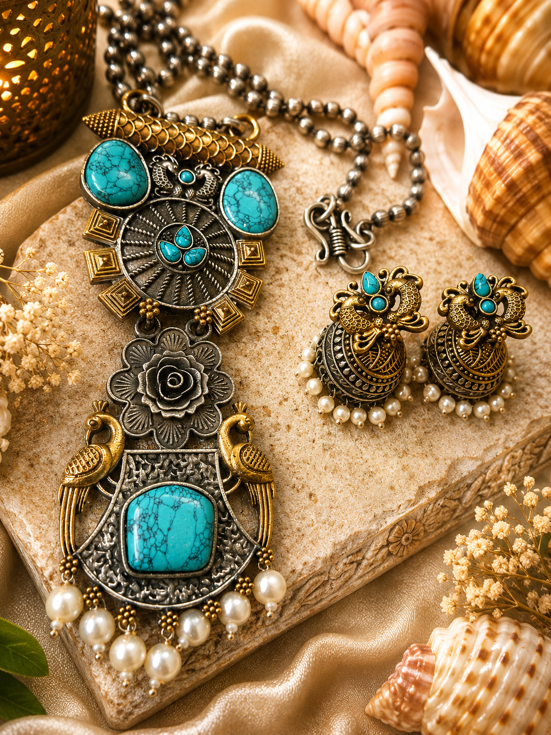 Dual Tone Turquoise Stone Pendant Necklace Set with Matching Jhumka Earrings for Women