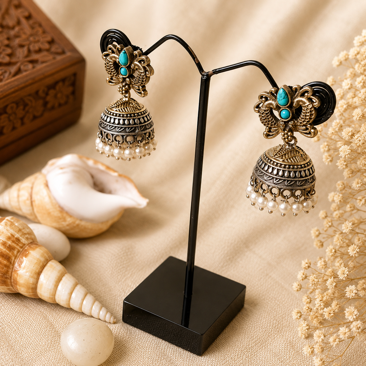 Ornate earrings Dual Tone Turquoise Stone Pendant Necklace Set with Matching Jhumka Earrings for Women