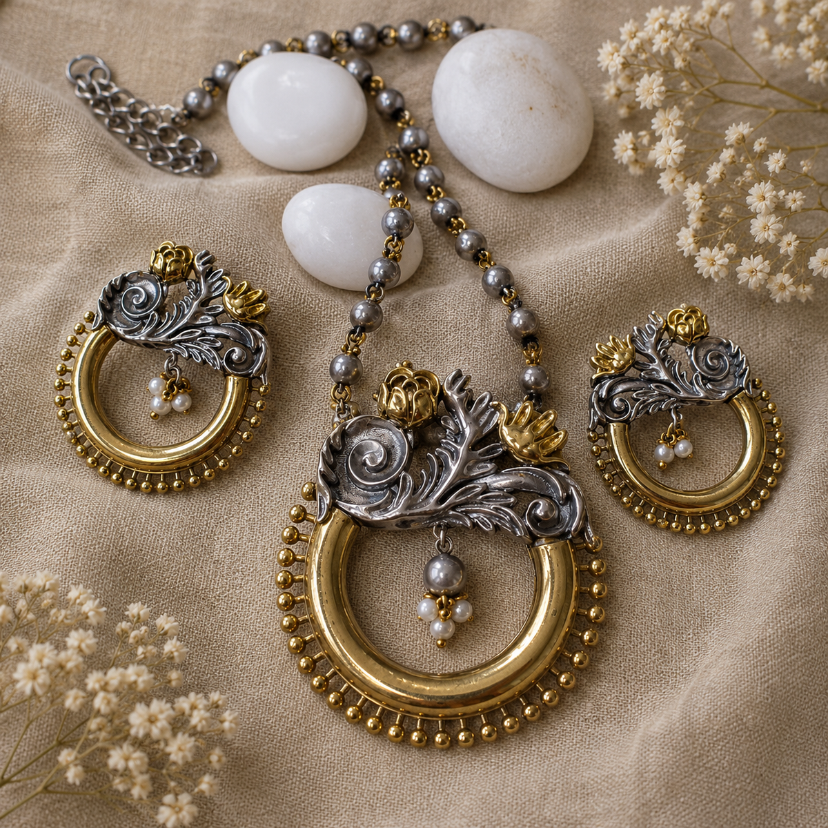 Dual Tone Floral Statement Pendant Set for Women | The Mirage Fashion