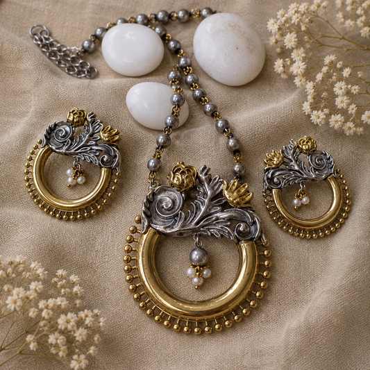 Dual Tone Floral Statement Pendant Set for Women | The Mirage Fashion