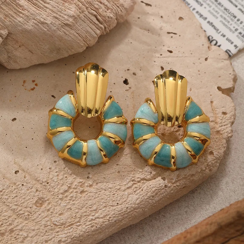 Turquoise Enamel Shell Drop Earrings in Gold Finish | Luxury Statement Earrings for Women – The Mirage Fashion