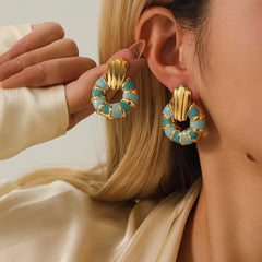 Turquoise Enamel Shell Drop Earrings in Gold Finish | Luxury Statement Earrings for Women – The Mirage Fashion