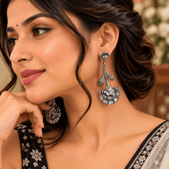 Silver Bloom Floral Oxidized Drop Earrings | The Mirage Fashion