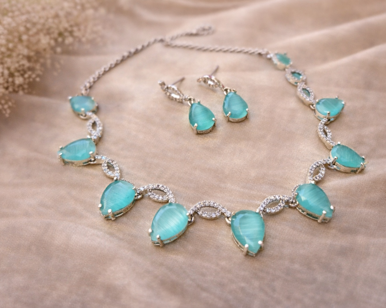 Elegant Aqua Green Teardrop Necklace Set for Women  Minimal American Diamond Party Wear Jewelry – The Mirage Fashion