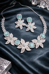 Elegant Mint Green Floral Necklace Set for Women | American Diamond Party Jewelry | tHE Mirage Fashion