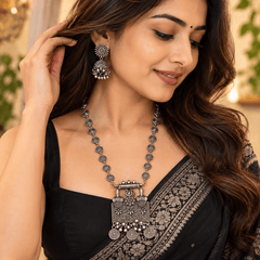Traditional Oxidized Silver Long Necklace Set with Jhumka Earrings | The Mirage Fashion