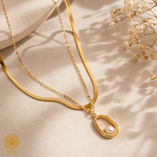 Elegant Two Layer Pearl Pendant Chain Necklace for Women  Gold Plated Minimalist Necklace  The Mirage Fashion