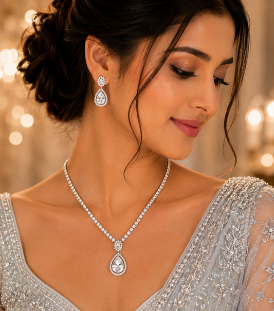 Elegant White American Diamond Pendant Necklace Set for Women | Luxury Bridal & Party Wear Jewelry – The Mirage Fashion
