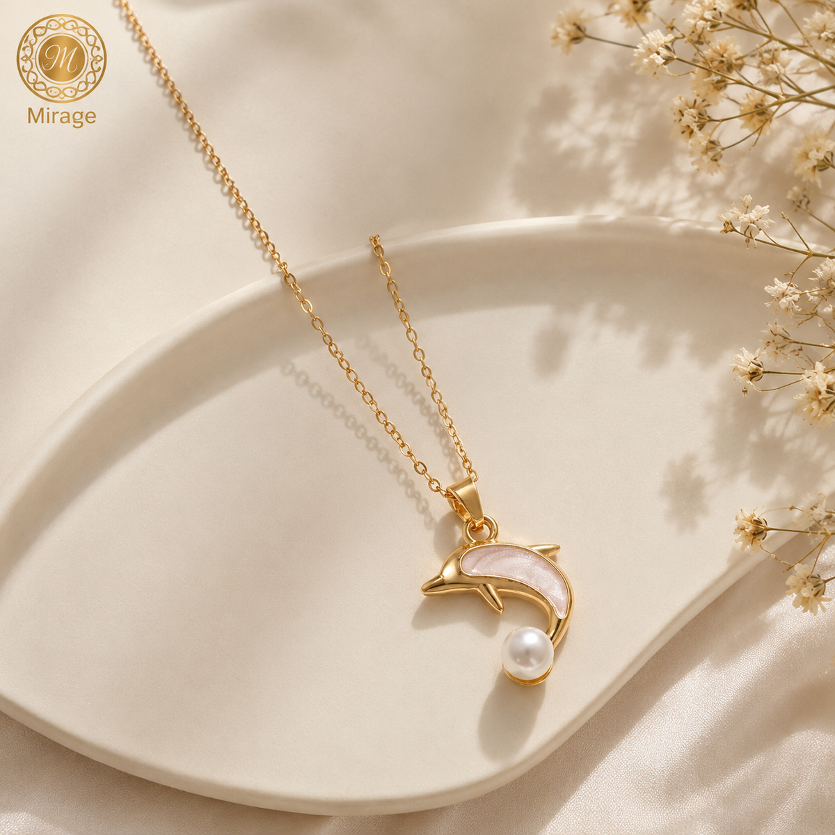 Elegant Dolphin Pearl Pendant Chain Necklace for Women | Gold-Plated Minimalist Necklace | The Mirage Fashion