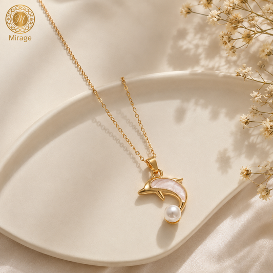 Elegant Dolphin Pearl Pendant Chain Necklace for Women | Gold-Plated Minimalist Necklace | The Mirage Fashion