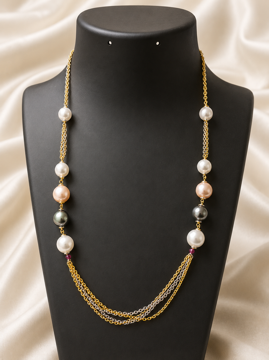 Elegant multi pearl layered necklace with dual-tone chains and white, champagne, and grey pearls for women by The Mirage Fashion.