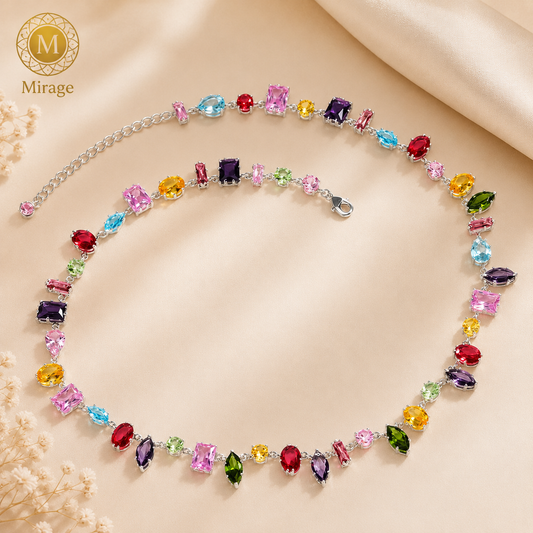 Elegant silver-tone rainbow crystal tennis necklace with multicolor cubic zirconia stones for women.