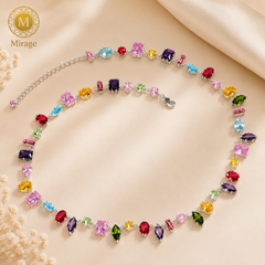 Elegant silver-tone rainbow crystal tennis necklace with multicolor cubic zirconia stones for women.