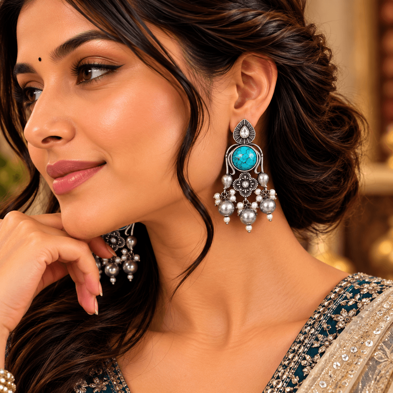 Turquoise stone oxidized silver chandelier earrings with floral detailing and multiple pearl-style dangling beads
